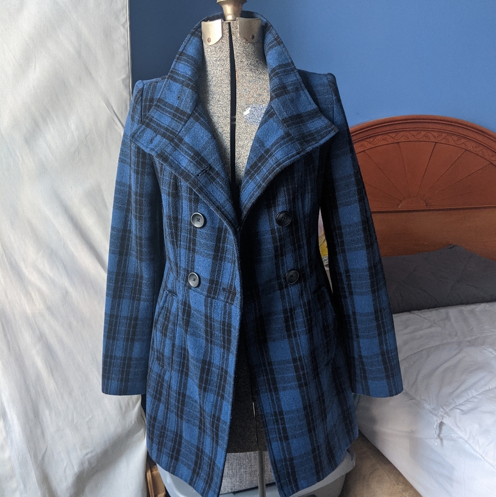 Blue and Black Plaid Pea Coat